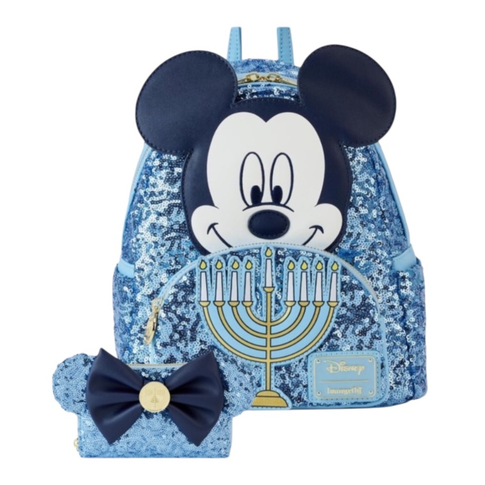 Loungefly Disney Mickey Hanukkah Sequin Glow Mini Backpack & Wallet NWT